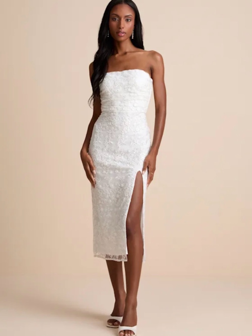 Lulu's Strapless White Lace Midi Dress with Leg Slit